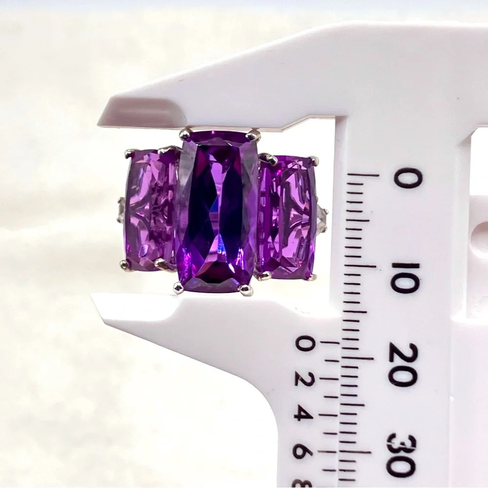 Huge Color Change Lab Sapphire Trilogy Cocktail Ring. Platinum over Sterling - Picture 11 of 16